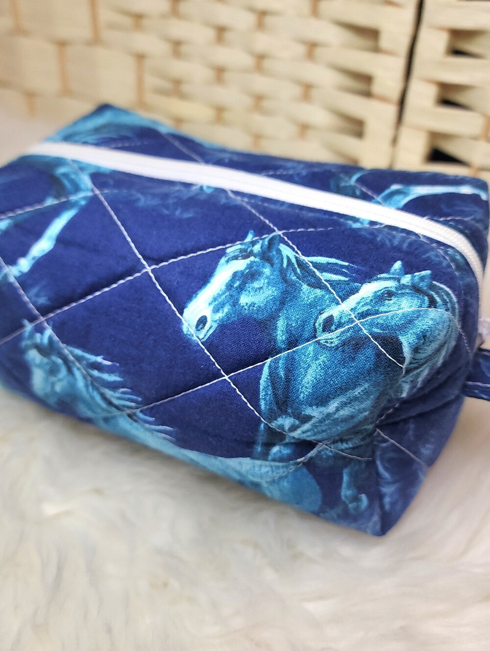Handmade Quilted Boxy Bag Blue Vintage Horse Fabric Makeup Travel Lined